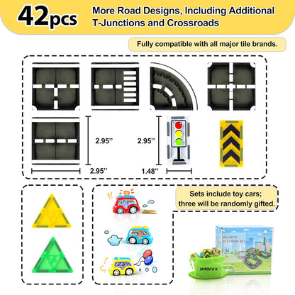 Drofex 42pcs Magnetic Tiles Road, Magnetic Building Blocks City Construction Toys for 3+Year Old Boys Girls, Kids Montessori Toys for Toddler, STEM Learning Gifts