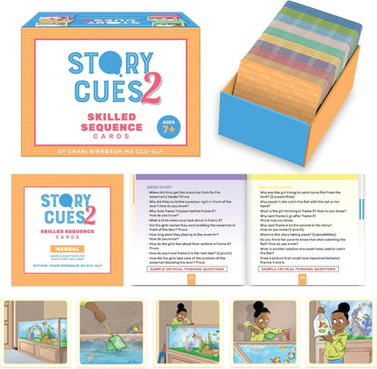 SkillEase Story Cues and Story Cues 2 Bundle, Higher Level Sequencing Cards, Speech Therapy Materials, Social Skills Game, Sentence Building and Picture Cards