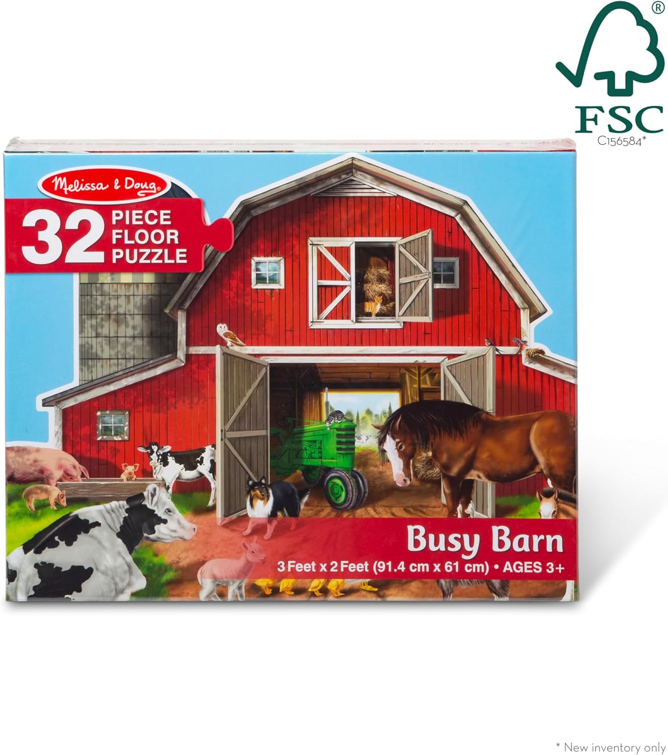 Melissa & Doug Busy Barn Shaped Jumbo Floor Puzzle (32 Pieces, 2 x 3 Feet), Jigsaw Puzzle for Preschoolers and Kids Ages 3+ - FSC Certified