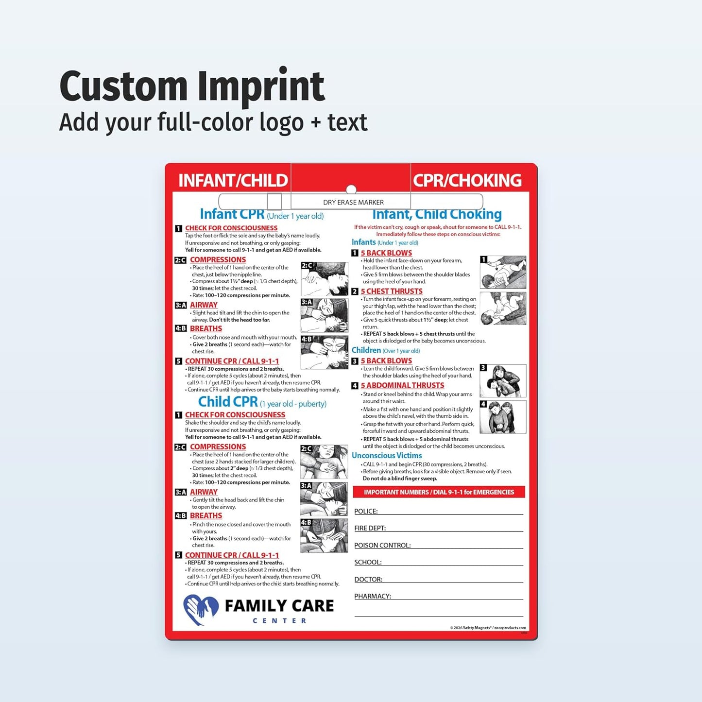 Safety Magnets by ZOCO – Infant and Child CPR & Choking Magnet – Laminated 8.5"x11" Emergency Numbers Fridge Card – First Aid Heimlich Maneuver for Parents, Caregivers, Daycare, Babysitters
