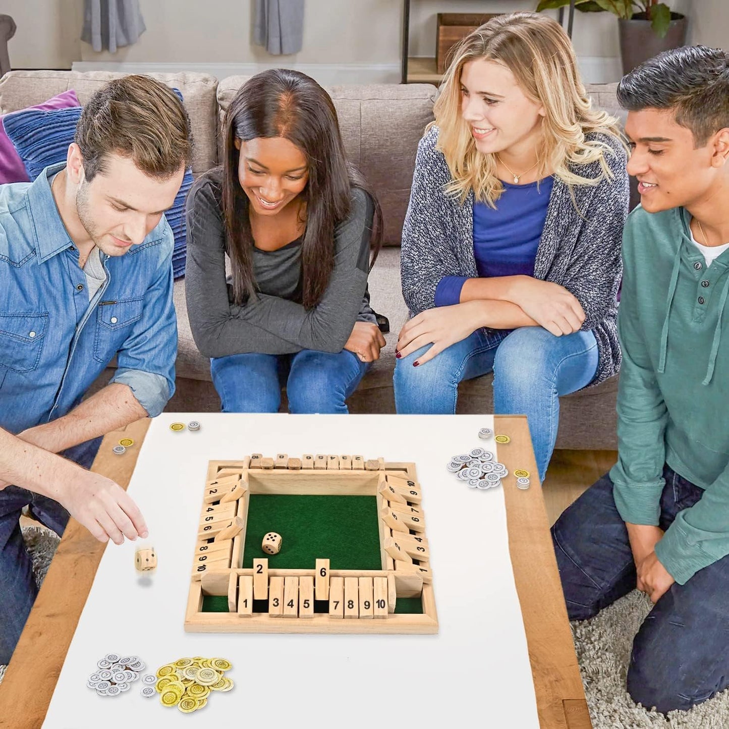 1-4 Players Shut The Box Dice Game, 10 Numbers Traditional Wooden Pub Bar Board Family Table Mat Game Dice for Adults