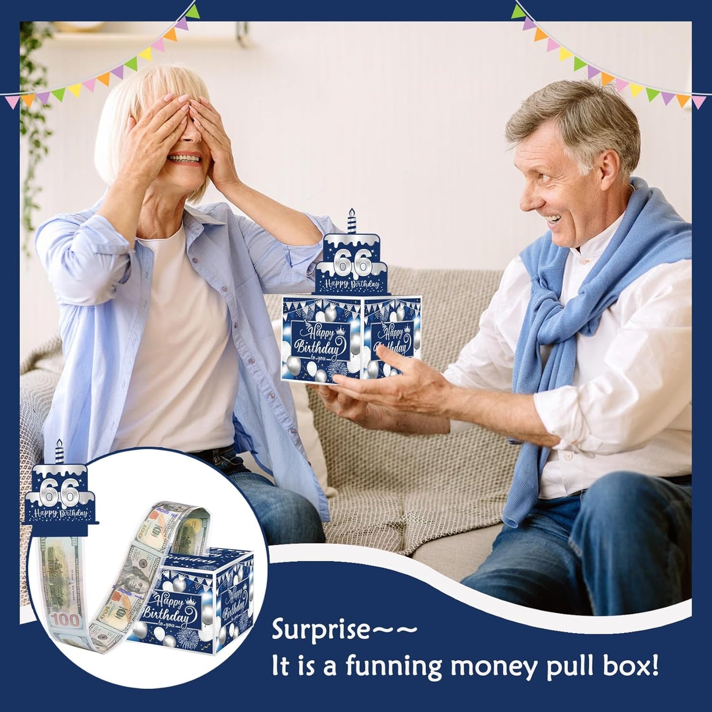 Birthday Money Box for Cash Gift Pull, Surprise Gift Boxes for Money, Money Holder Box with Pull Out Happy Birthday Card and 50Pcs Transparent Bags, Money Gift Ideas for Kids and Adults