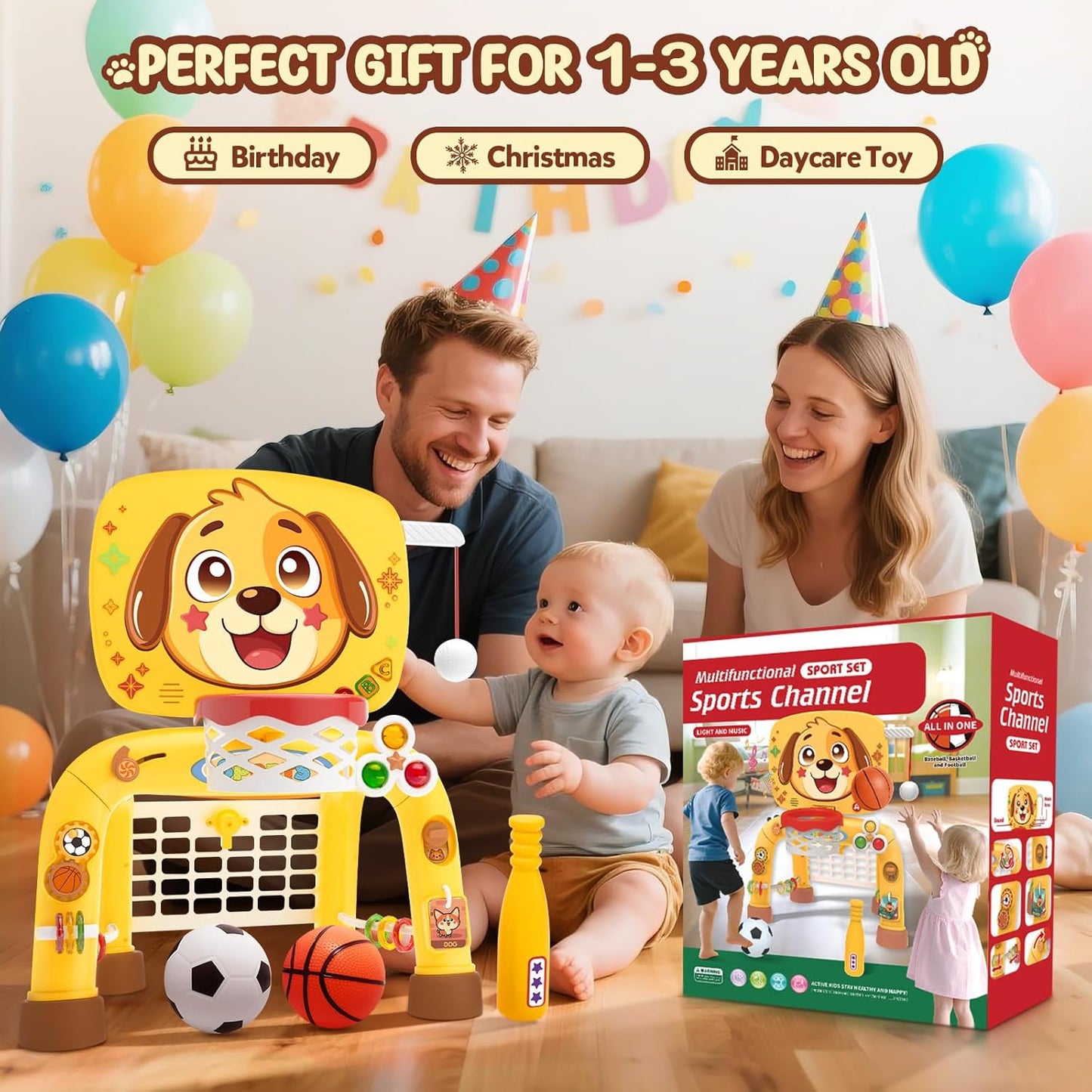 Toys for 1 Year Old Boy - Toddler Basketball Hoop & Soccer Goal & Baseball Activity Center with Light Sound Music, Puppy Montessori Sports Toy, Christmas Birthday Gift for Baby 12-18 Months, Yellow
