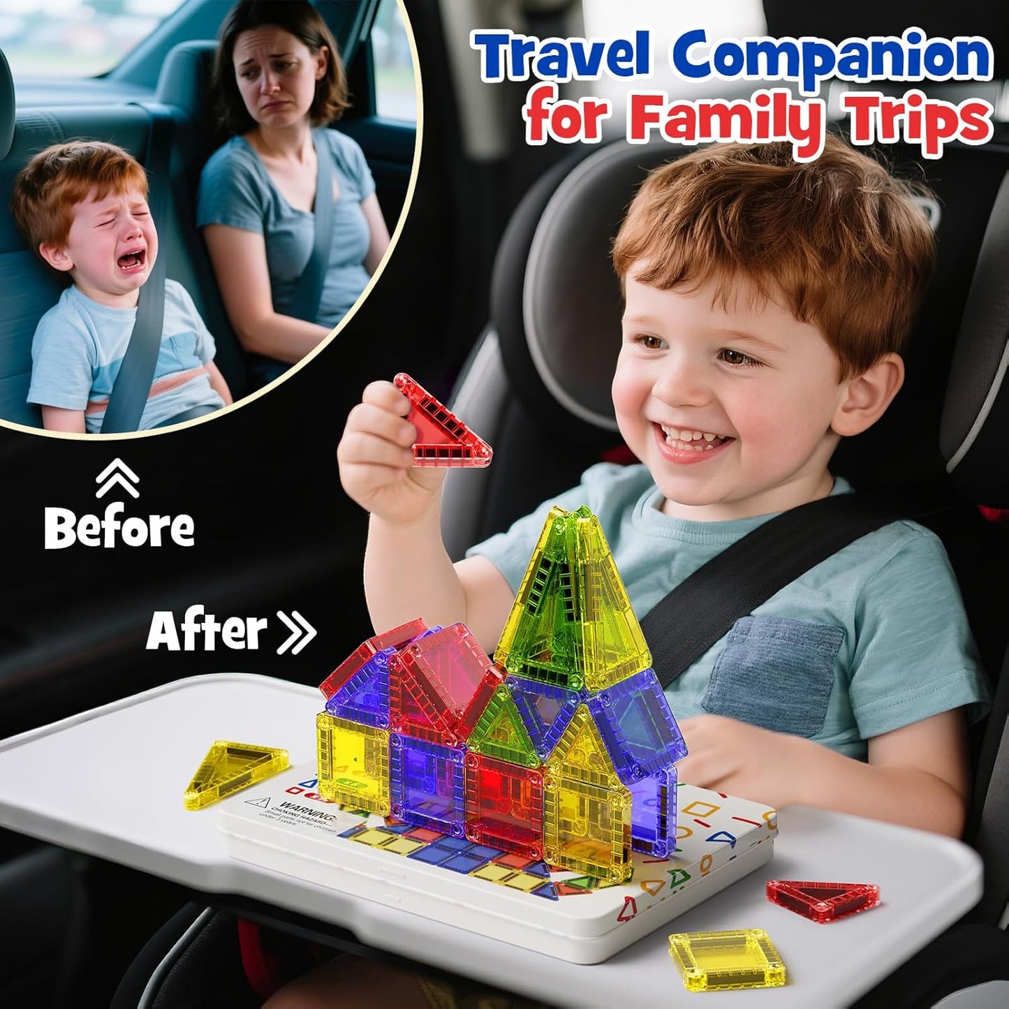 Magnetic Tiles for Kids Ages 4-8, Magnetic Blocks Travel Set with Diamond Surface & Metal Storage Box, 60PCS STEM Learning Toys, Educational Building Gifts for 3-8 Year Olds