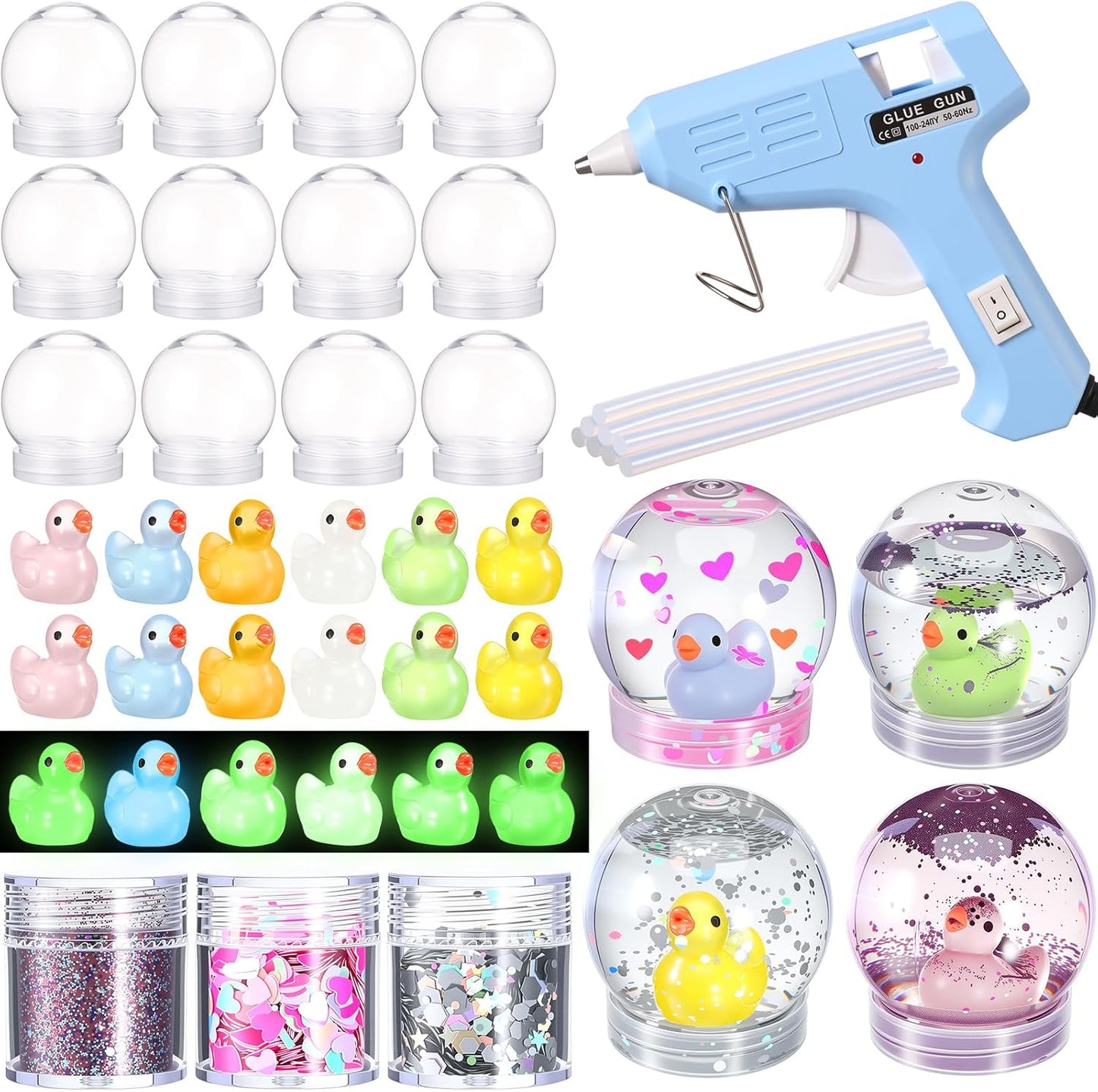 12 Sets DIY Duck Snow Globe Kit for Kids, 12 Globe Bottles, Glow in The Dark Duck Figurines, Glitter Sequins & Mini Hot Glue Gun, Summer Fun Craft Activity Set, Birthday Party Favor Gift