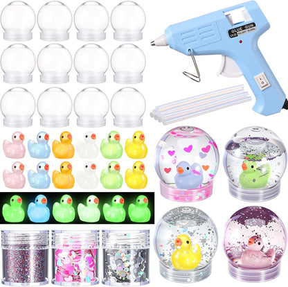 12 Sets DIY Duck Snow Globe Kit for Kids, 12 Globe Bottles, Glow in The Dark Duck Figurines, Glitter Sequins & Mini Hot Glue Gun, Summer Fun Craft Activity Set, Birthday Party Favor Gift