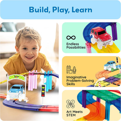 PicassoTiles 121pc Magnetic Tile Race Track Marble Run Magnet Tiles 3-in-1 Playset Car Racing Construction Set STEM Learning Early Education Building Toy Cars for School Toddlers Boys Girls Ages 3+