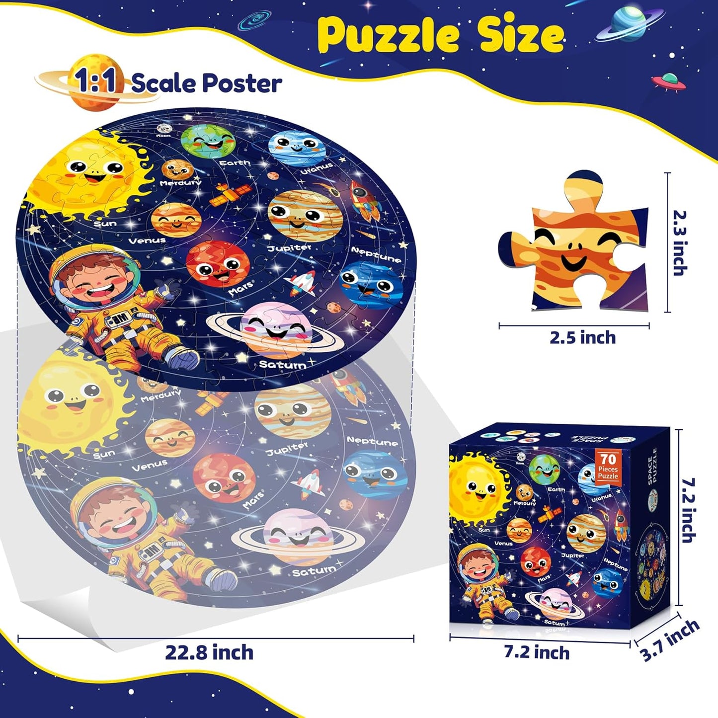 ZIZZ Puzzle for Kids Ages 4-6: Glow in The Dark Solar System Jigsaw Puzzles 70 Piece Space Planets Large Floor Puzzle for Kids 3-10 Years Old Educational Toy Gift for Boys Girls Birthday Christmas
