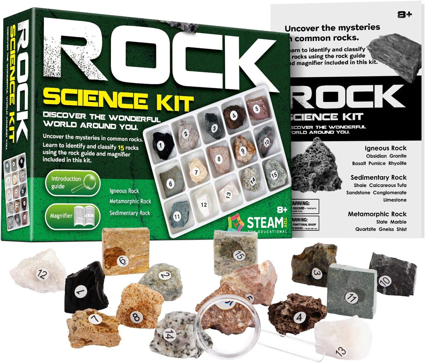 Rocks Collection - 15-Piece Rock Collections for Kids - Cool Geology Gem Kit with Identification Sheet - Gemstones Set Box with Learning Guide and Storage Case - Educational Gift for Kid