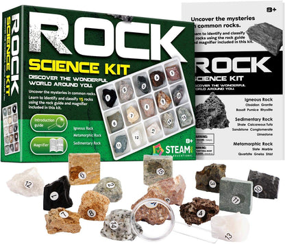 Rocks Collection - 15-Piece Rock Collections for Kids - Cool Geology Gem Kit with Identification Sheet - Gemstones Set Box with Learning Guide and Storage Case - Educational Gift for Kid
