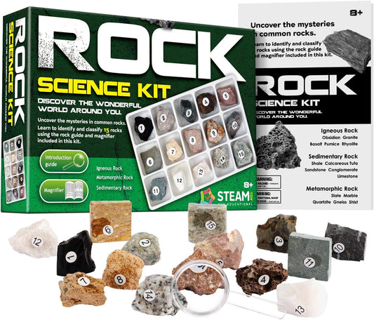 Rocks Collection - 15-Piece Rock Collections for Kids - Cool Geology Gem Kit with Identification Sheet - Gemstones Set Box with Learning Guide and Storage Case - Educational Gift for Kid