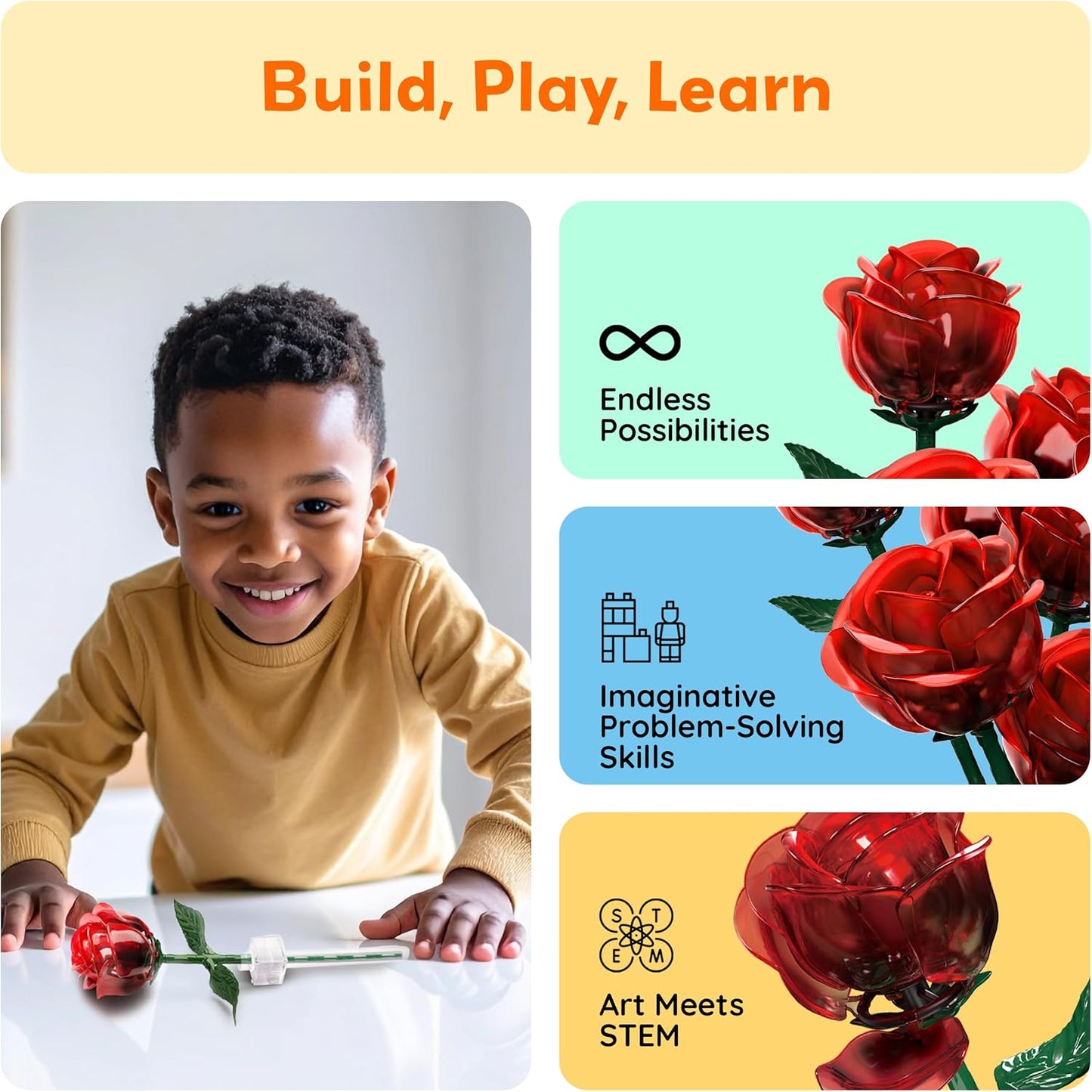 PicassoTiles Red Stem Rose Building 45pc Set With Magnetic Hold Piece Creative Hands-On Play Discovery Activity Kit Room Decor Gifts For Mother’s Day Present Display Flower Boys Girls Kid Age 3+ PBS20