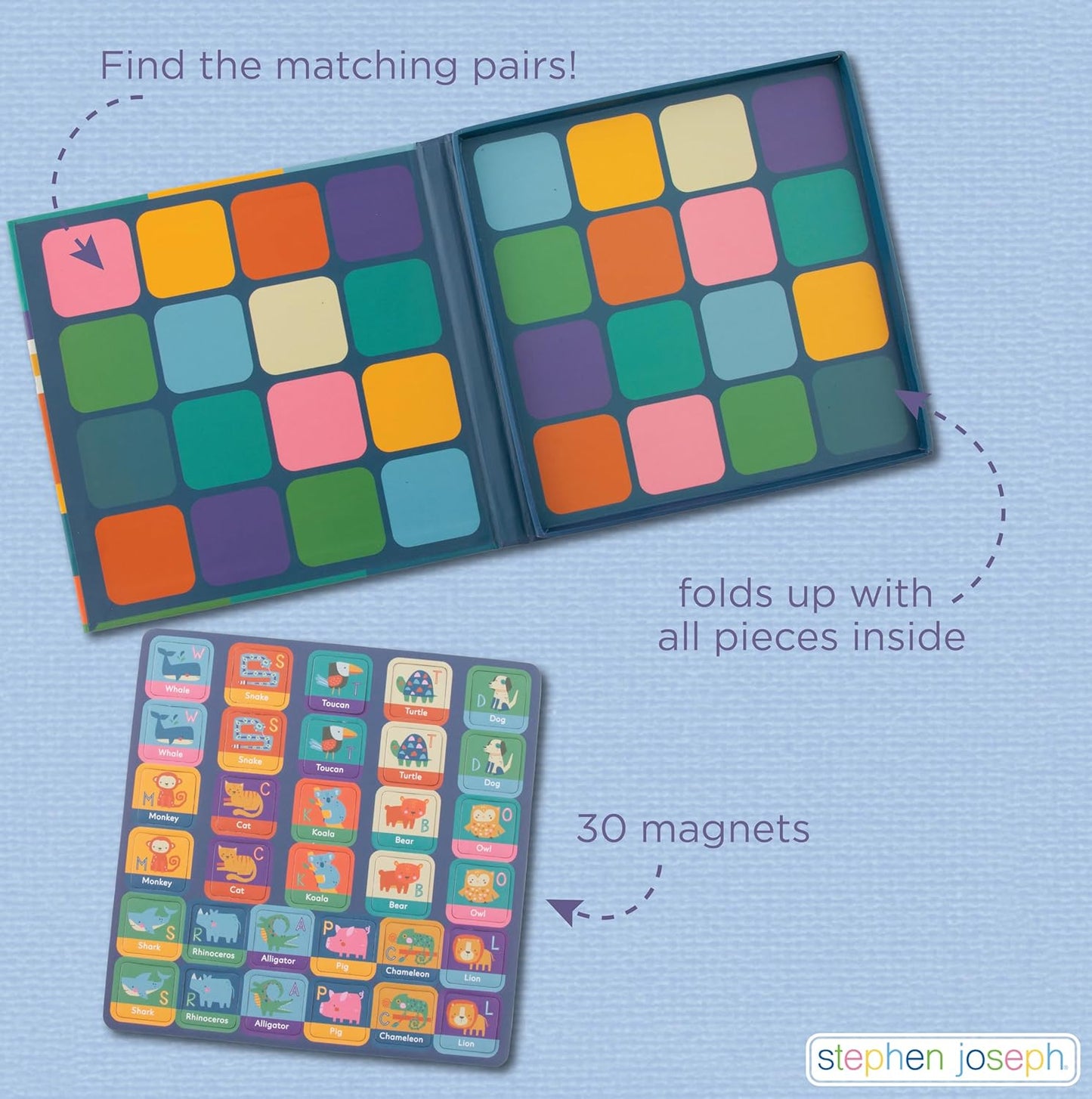 Stephen Joseph, Magnetic Memory Game Set, Matching Memory Game for Kids - 32pc Memory Game Set, Matching Games for Children Preschool Toddler, Travel Memory Games for Kids, Animals