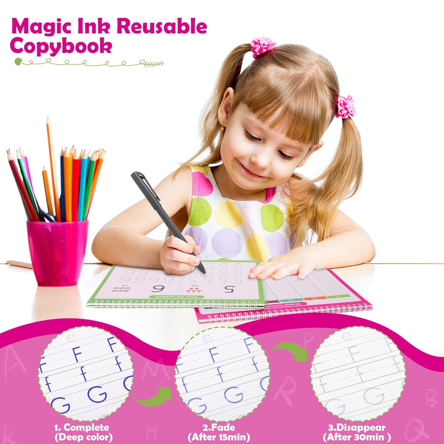 6 Pack Large Grooved Handwriting Copybooks,10.2 x 7.4 In Magic Writing Practice Workbooks with Pens,Reusable Alphabet,Numbers Tracing Books,Kindergarten Preschool Learning Activities