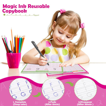 6 Pack Large Grooved Handwriting Copybooks,10.2 x 7.4 In Magic Writing Practice Workbooks with Pens,Reusable Alphabet,Numbers Tracing Books,Kindergarten Preschool Learning Activities