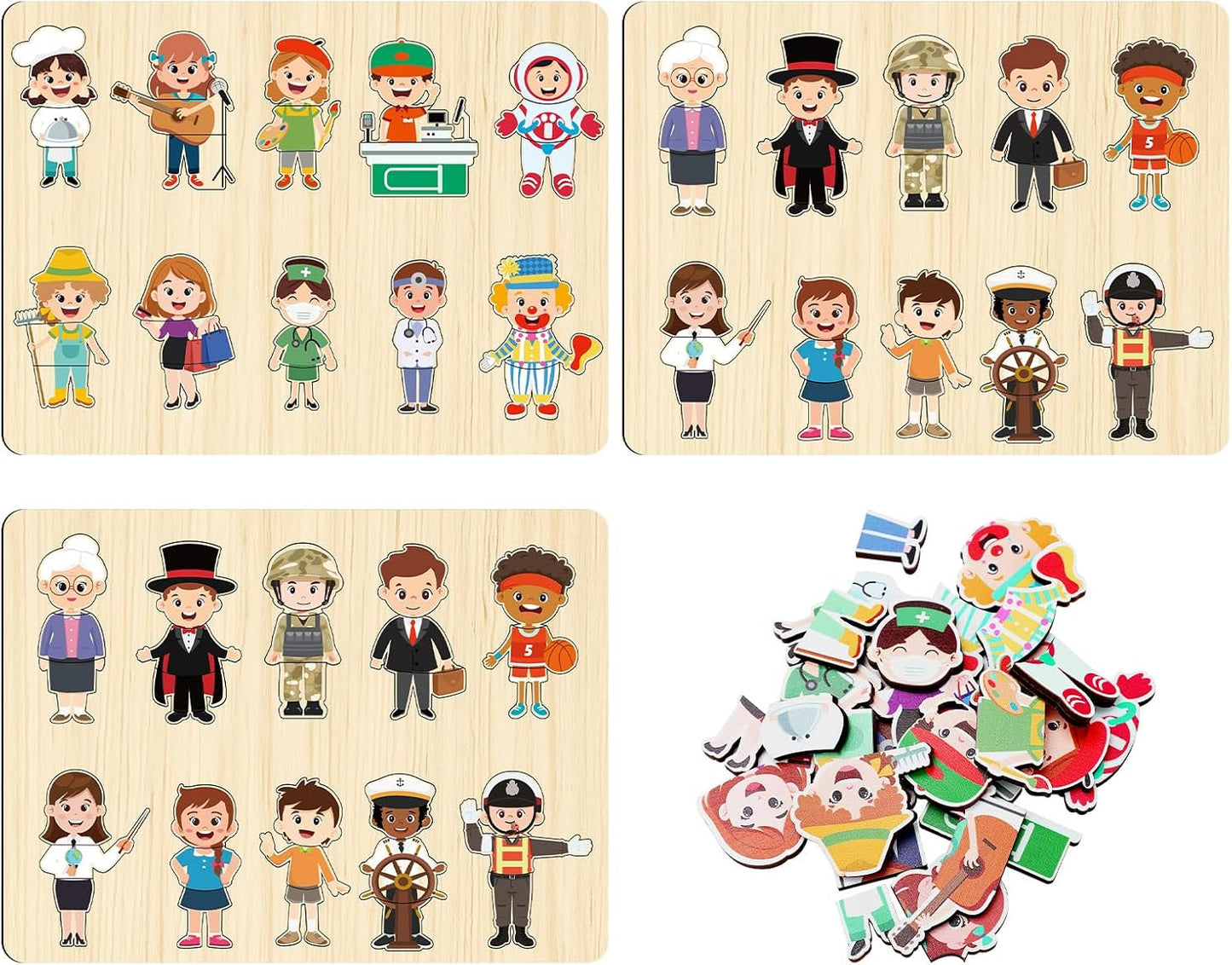 Civaner 3 Set Wooden Puzzle for Toddlers Kids 30 Pcs Wooden Community Helpers Toys People Figures Occupations Interchangeable Dress up Peg Puzzles Educational Social Learning Supplies for Boys Girls