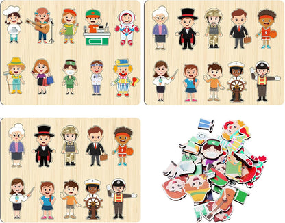 Civaner 3 Set Wooden Puzzle for Toddlers Kids 30 Pcs Wooden Community Helpers Toys People Figures Occupations Interchangeable Dress up Peg Puzzles Educational Social Learning Supplies for Boys Girls
