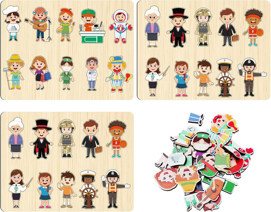 Civaner 3 Set Wooden Puzzle for Toddlers Kids 30 Pcs Wooden Community Helpers Toys People Figures Occupations Interchangeable Dress up Peg Puzzles Educational Social Learning Supplies for Boys Girls