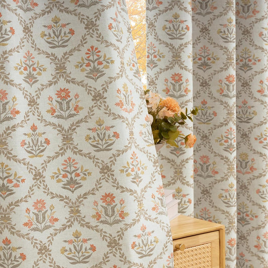 ColorBird 100% Blackout Curtains for Nursery Girls Bedroom Decor Floral Green and Pink Block Print Patterned Cottage Core Curtains & Drapes 84 Inches for Living Room Window Treatments