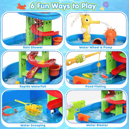 Toddler Water Table for Kids - Sand and Water Table with 28PCS Toy Accessories & Rain Shower Sprinkler, Outdoor Sensory Water Play Table, STEM Toy Summer Gift for Boys Girls Ages 3-8
