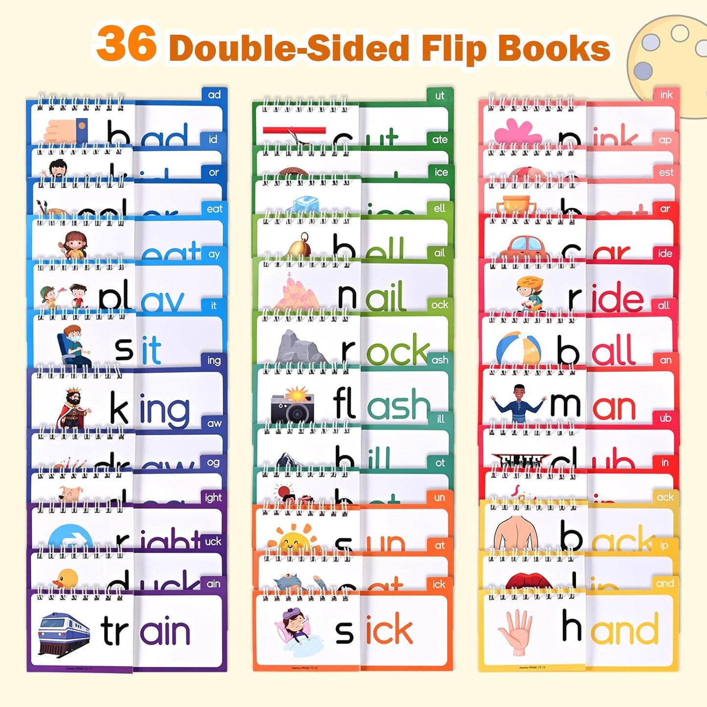 36 Double-Sided Phonics Flash Cards, Word Family Build Book with 72 Word Families, Read and Rhyme Flip Books, Sight Words Flash Cards, Learn to Read Educational Toy for Preschool & Kindergarten