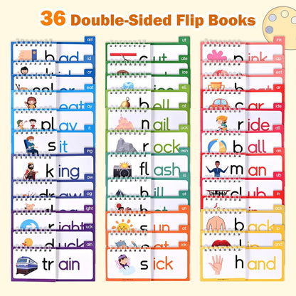 36 Double-Sided Phonics Flash Cards, Word Family Build Book with 72 Word Families, Read and Rhyme Flip Books, Sight Words Flash Cards, Learn to Read Educational Toy for Preschool & Kindergarten