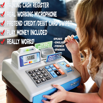 Dr. STEM Toys Talking Toy Cash Register, STEM Learning 69 Piece Pretend Store with 3 Languages, Paging Microphone, Credit Card, Bank Card, Play Money and Banking for Kids (Silver)