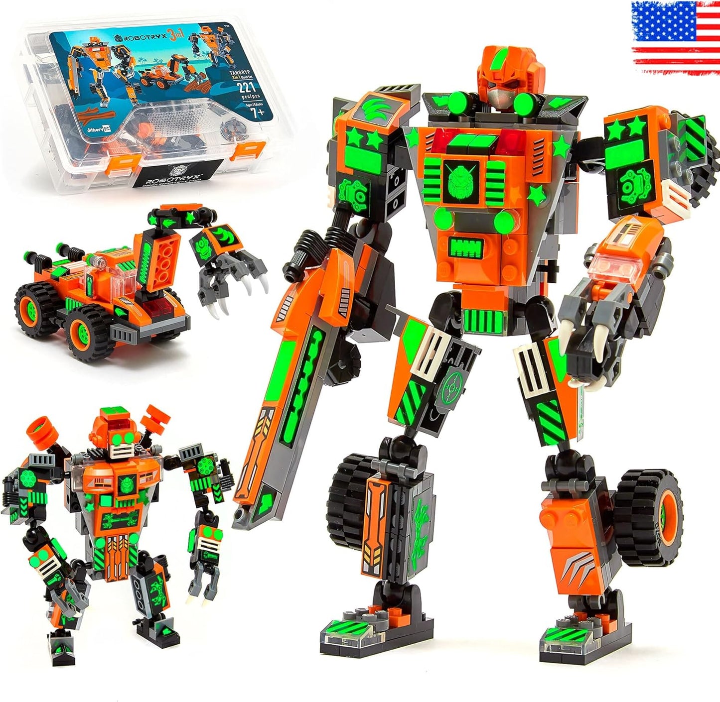 JITTERYGIT Robot Army Buildable Mech Soldier Glow in The Dark Gift Toy Set, Helicopter Military Creative STEM Project, Dinosaur Building Bricks Kit for Kids Ages 6-11 Years Old