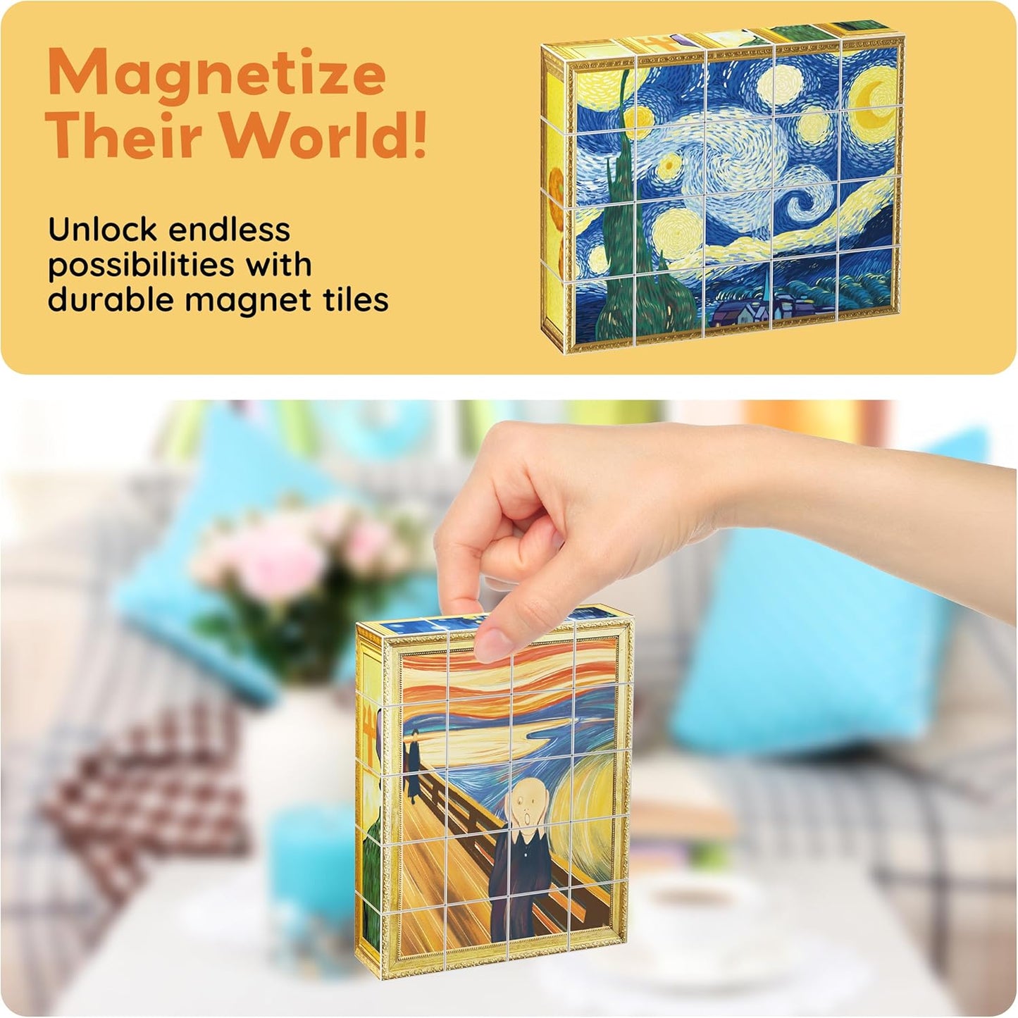 PicassoTiles Magnetic Cube Puzzle 7-in-1 Dinosaur Theme Pattern Magnet Mix Match Building Cubes Toy Set Kids Ages 3 & Up Preschool Children Promote Problem Solving Skills PMC10