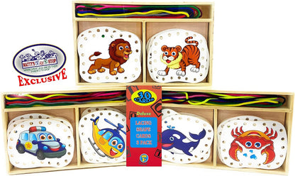 Matty's Toy Stop Deluxe Lacing Shapes (10 Count) Vehicles, Fish & Jungle Animals Educational Gift Set Bundle - 3 Pack (30 Shapes Total)