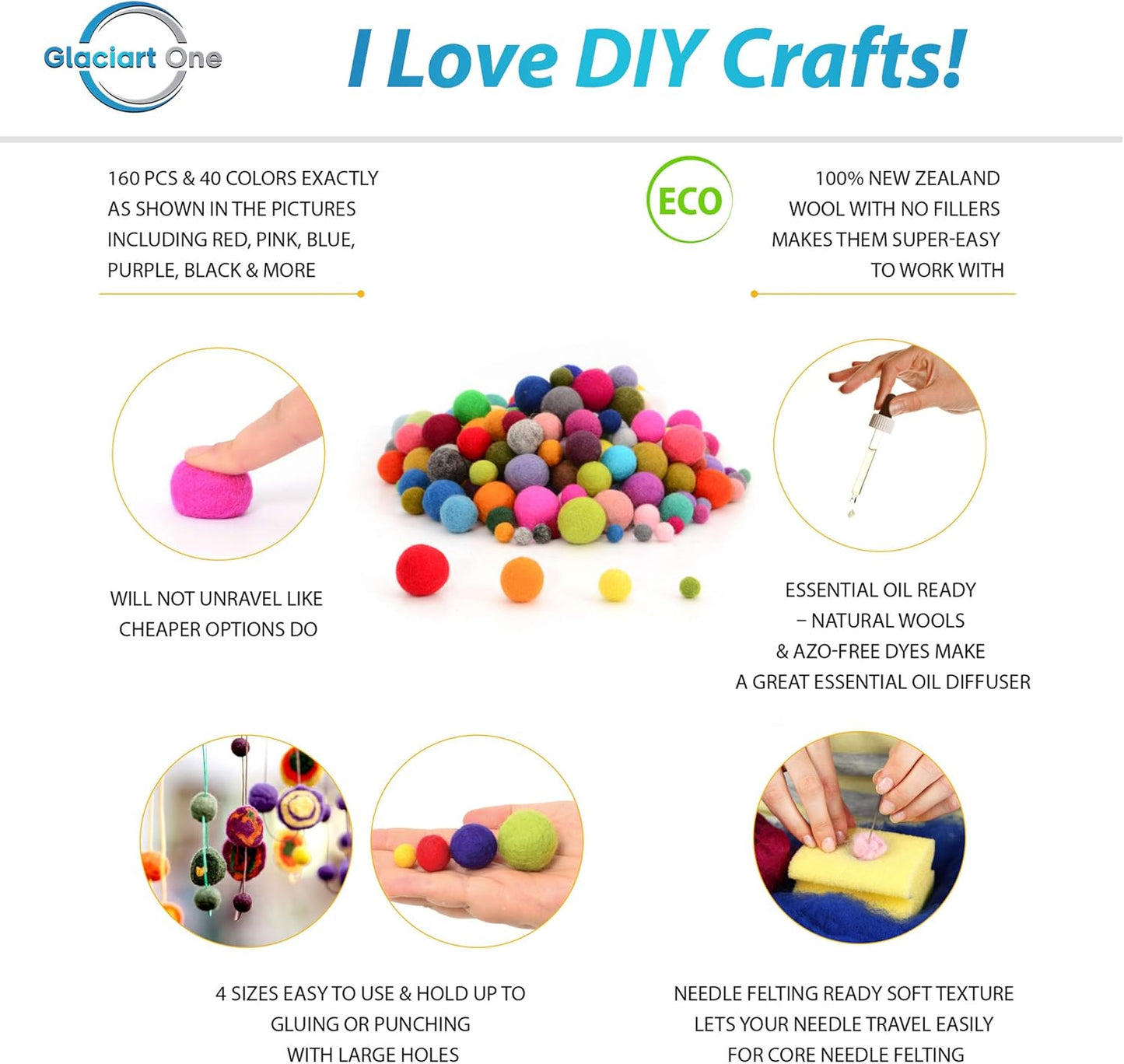 Glaciart One Wool Felt Balls (50 Pieces) 2.5 Centimeters - 1 Inch, Handmade Felted 5 Valentines Colors (Baby Pink, Medium Pink, Magenta and More) - Bulk Small Puff for Felting and Garland