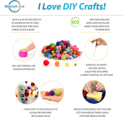 Glaciart One Wool Felt Balls (50 Pieces) 2.5 Centimeters - 1 Inch, Handmade Felted 5 Valentines Colors (Baby Pink, Medium Pink, Magenta and More) - Bulk Small Puff for Felting and Garland