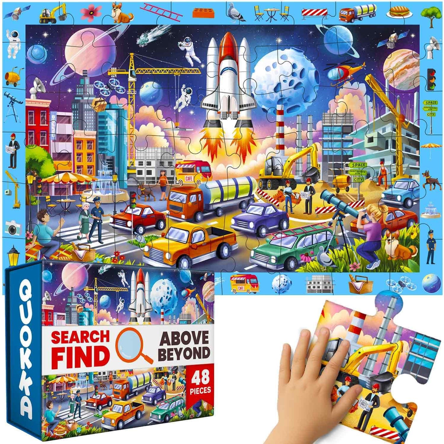 QUOKKA Floor Puzzles for Kids Ages 4-8 – 2x3 FT Giant Search and Find Jigsaw – 48 Large Pieces – Above and Beyond Observational Scene – Educatinal Montessori Toy with Gift Box – Fun Learning Activity