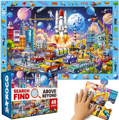 QUOKKA Floor Puzzles for Kids Ages 4-8 – 2x3 FT Giant Search and Find Jigsaw – 48 Large Pieces – Above and Beyond Observational Scene – Educatinal Montessori Toy with Gift Box – Fun Learning Activity