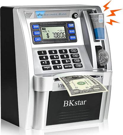 BKstar Kids Talking ATM Piggy Bank for Real Money with Dual Debit Cards, Power-Off Memory, Auto-Opening Drawer, Onekey Shutdown, Bill Feeder, Coin Recognition, Balance Calculator Machine