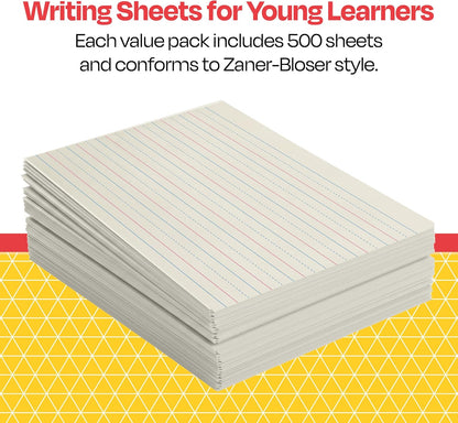 School Smart Zaner-Bloser Writing Paper, Handwriting Practice Lined Paper, Grade 2 to 3 Learning, 1/2 Inch Rule, 10-1/2 x 8 Inches, 500 Sheets