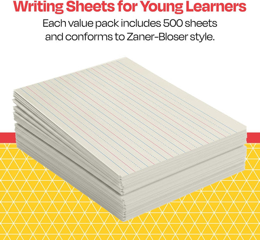 School Smart Zaner-Bloser Writing Paper, Handwriting Practice Lined Paper, Grade 2 to 3 Learning, 1/2 Inch Rule, 10-1/2 x 8 Inches, 500 Sheets
