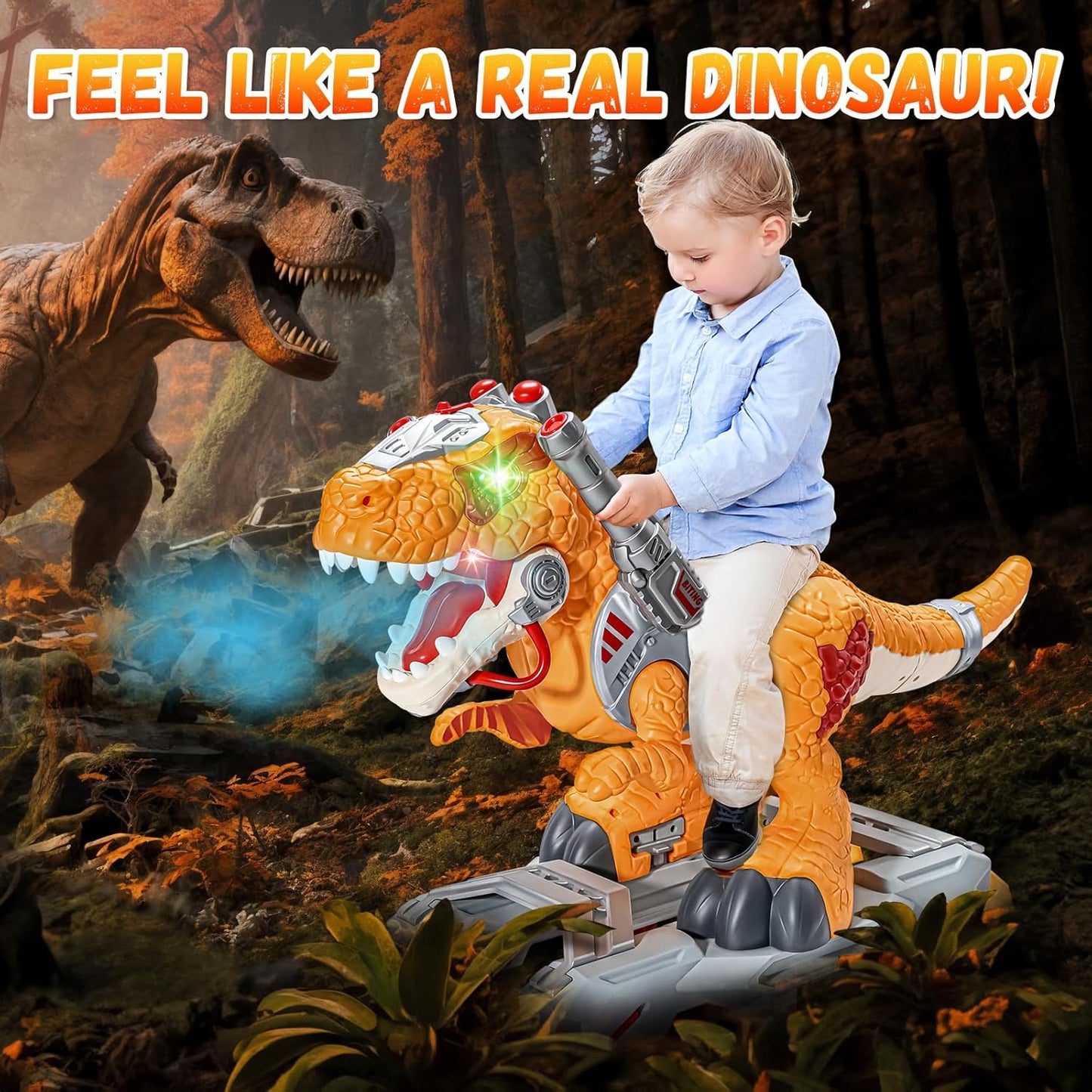 Kids Electric Dinosaur Ride On Toys, Toddler Ride On Cars with Music, Light & Smoke, Preschool Kids Scooter Foot-to-Floor Walker, Toddler Electric Car Toy Chrismas Birthday Gifts Indoor Outdoor,Yellow