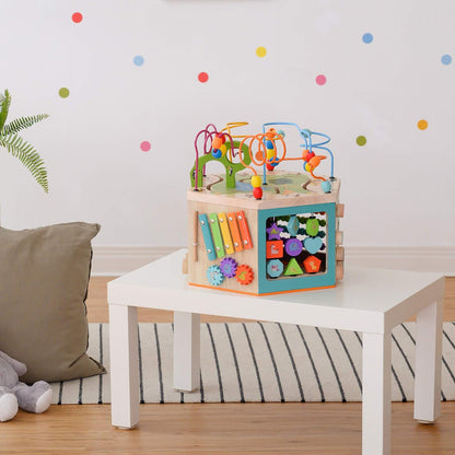 Teamson Kids Preschool Play Lab 7-in-1 Large Wooden Activity Cube Station Center Bead Maze and Counting for Kids Baby Toys, Natural