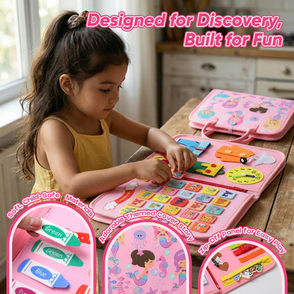 Mermaid Busy Board Book Toys for Girls, Sensory Educational Activities Busy Book for Learning Fine Motor Skills for Toddlers, Travel Activities Toy for Airplane and Car Travel