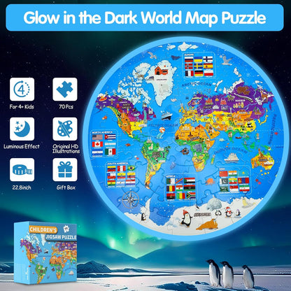 Glow-in-The-Dark Dinosaur Floor Puzzles for Kids Ages 4-6, Kids Jigsaw Puzzles Ages 6-8, 70PCS Large Round Dino Educational Puzzle Toys for 3 4 5 6 7 8 Years Old Children, Easter Gifts for Kids