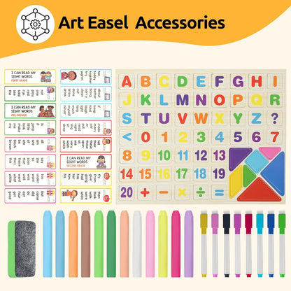 Tabletop Wooden Art Painting Easel for Kids 2-4, Chalkboard & Double-Sided Drawing Whiteboard for Toddlers, 4-in-1 Desk Easel with Magnetic Letters/Numbers & Flashcards Markers, Eraser