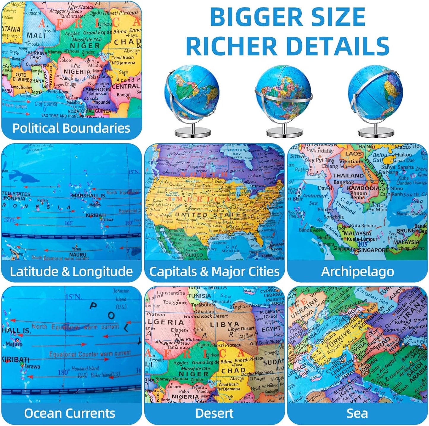 BSHAPPLUS World Globe with Stainless Steel Stand 13 inch, 720 Rotating & HD Waterproof Material, Teaching/Geographic/Decorative Globes with Clear Text for Elementary, Classroom, Home, School, Office