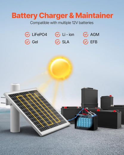 VEVOR 20W 12V Solar Panel Battery Charger, Solar Battery Trickle Charger Maintainer with Built-in Controller & 0-60° Adjustable Pole Mount Bracket, IP67 for Gate Fence Farm Lawn (Fit 1.5" - 3" Poles)