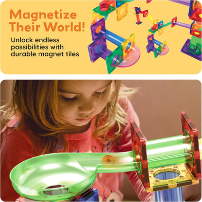 PicassoTiles 108pc Magnetic Marble Run Set with Building Tiles Race Track Car Slides Set STEM Learning Toy 3-in-1 Preschool Construction Kit for Indoor Activity and Development for Kids age 3+ PTG108