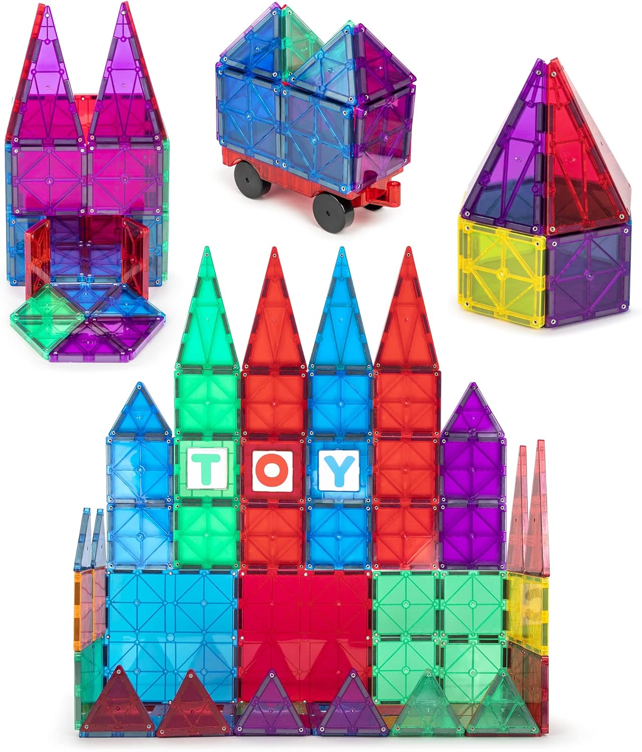 Playmags Magnetic Tiles for Kids 100-Piece Set, STEM Educational Building Blocks Toys for Kids, Includes Click-in ABC Learning Tiles, Gift for Boys & Girls, Add on Magnetic Figures, Car Set Available
