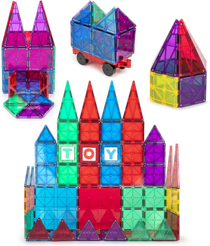 Playmags Magnetic Tiles for Kids 100-Piece Set, STEM Educational Building Blocks Toys for Kids, Includes Click-in ABC Learning Tiles, Gift for Boys & Girls, Add on Magnetic Figures, Car Set Available