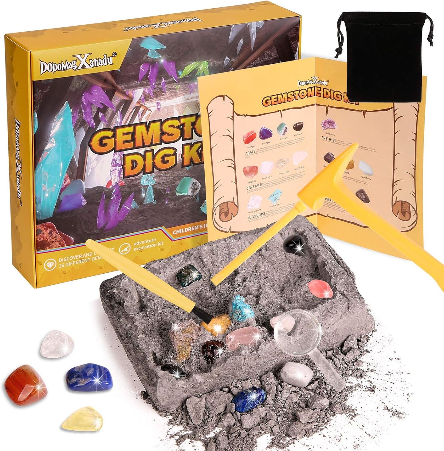 Gemstone Dig Kit, 16 Real Gem Stones and Crystals Excavation Kit, STEM Educational Toys Science Kit for Kids 5-7 8-12, Gem Digging Kit Rock Collection Stocking Stuffers Gifts for Boys Girls