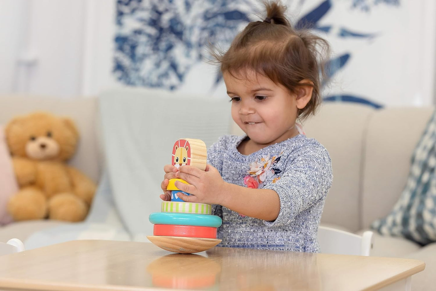 Jasey's Toy Chest Lion Stacking Rings | 7-Piece Wooden Stacker Toy with Colorful Rings & Lion Topper | Educational Toy for Toddlers Ages 12+ Months