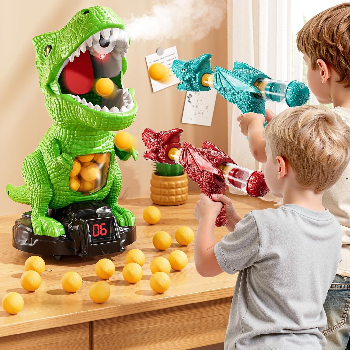JUKUDAHU Dinosaur Shooting Boy Toys for Kids Age 3 4 5 6 7 8 - Moveable Shooting Game with Scoreboard, Light and Sound, 12 Foam Balls, Boy Toddler Toys 5-7 6-8 8-10, Competition Game Gifts (Green)